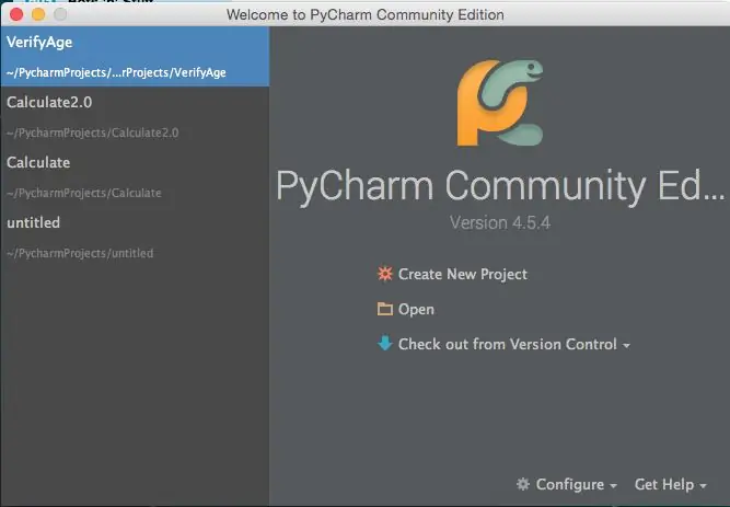 Schermata di benvenuto di PyCharm