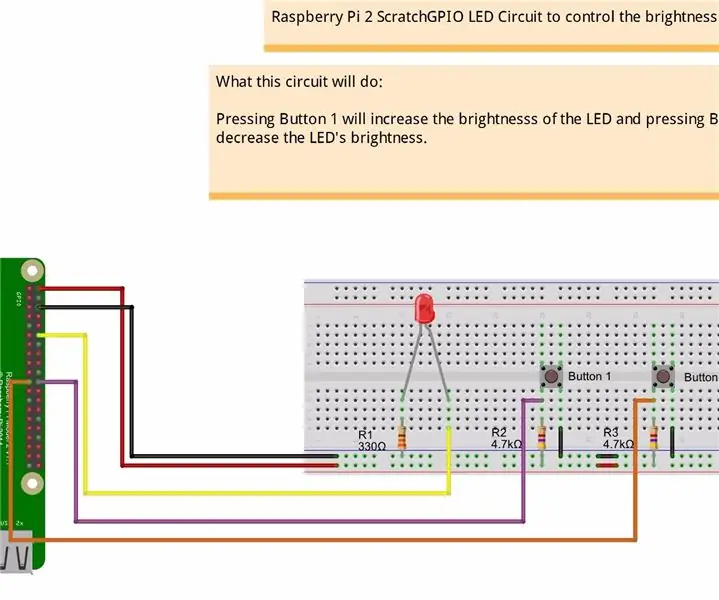 Udhibiti wa Mwangaza Udhibiti wa LED wa msingi wa PWM Kutumia Vifungo vya kushinikiza, Raspberry Pi na Scratch: Hatua 8 (na Picha)