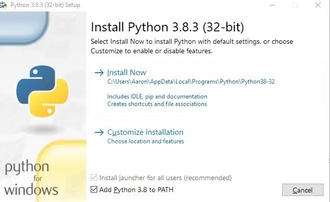 Įdiekite „Python“ Įdiekite „Python“
