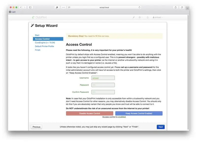 Apri un browser Web su qualsiasi computer nella tua rete WiFi e naviga su https://octopi.local