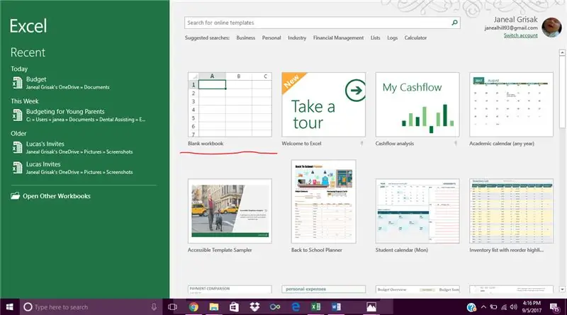 „Excel“atidarymas „Windows 10“