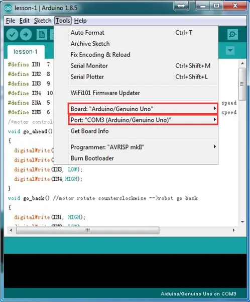 Atidarykite „Arduino IDE“, pasirinkite atitinkamą lentą/prievadą