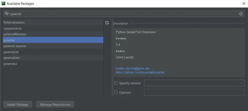 I søkefeltet skriver du Pyserial og klikker på Installer pakke