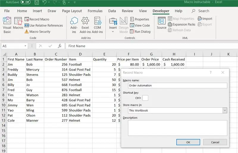 Etapa 1: compilar os dados e começar a gravar a macro