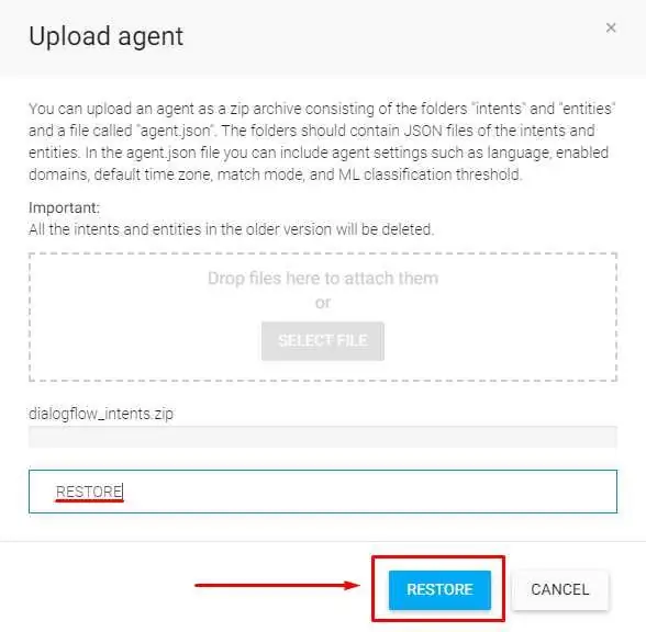Dialogflow - Загрузить ZIP-файл