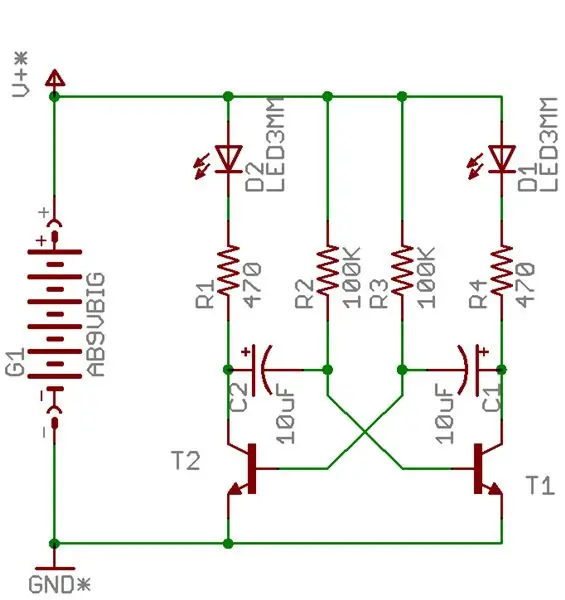 Mūsu parauga ķēde: mirgo dažas gaismas diodes