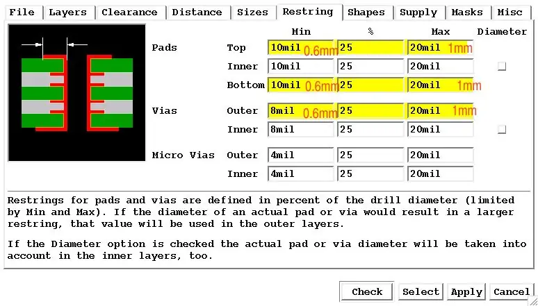 Modifica delle dimensioni dei pad con le regole RESTRING