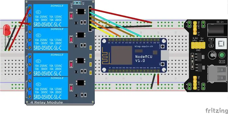 Breadboard, Node MCU en 4-poorts relaismodule