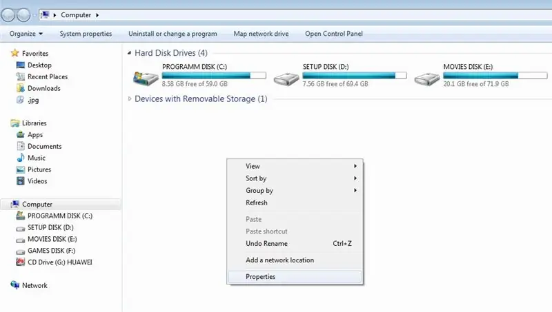 Shkoni te "Kompjuteri im" dhe klikoni me të djathtën, pastaj "Karakteristikat"