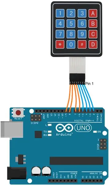 Bashkangjit tastierën 4 × 4 në tabelën Arduino Leonardo me tela (Sigurohuni që të futni në të njëjtën pikë të saktë)