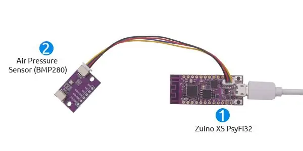 Conecte el Zuino XS PsyFi32 y el sensor de presión de aire con el cable Qwiic y encienda el PsyFi32