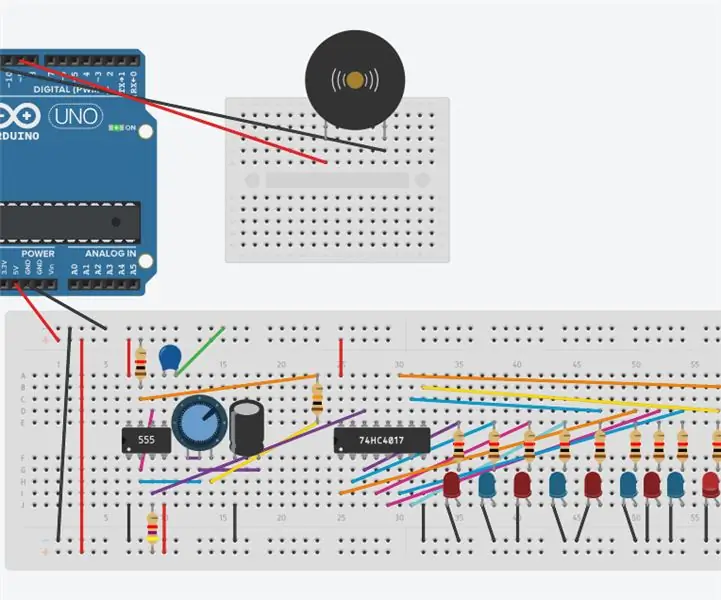 555 Timer com um contador de décadas e LEDS e Piezo Buzzer; Descrição básica do circuito: 6 etapas