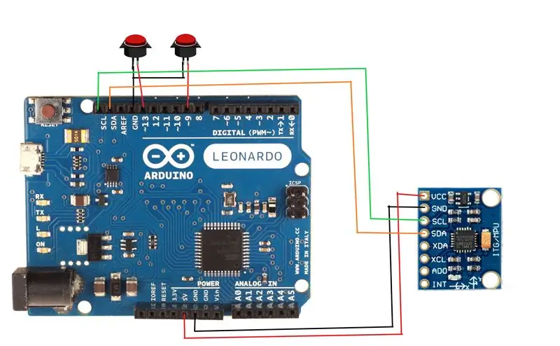 Koppel MPU6050 en drukknoppies aan die Arduino Leonardo -bord