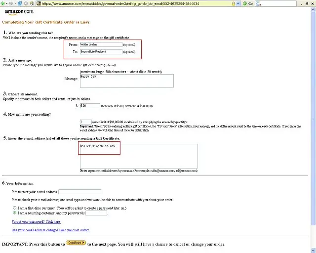 Popunite nalog za poklon bon koristeći informacije Second Life