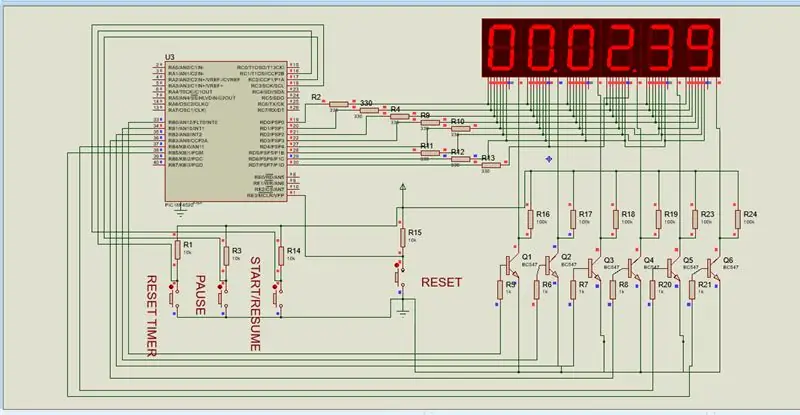 Cronometro utilizzando Pic18f4520 in Proteus con 7 segmenti