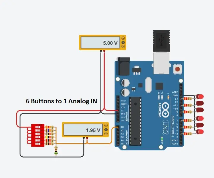 השתמש בקלט אנלוגי אחד עבור 6 לחצנים עבור Arduino: 6 שלבים