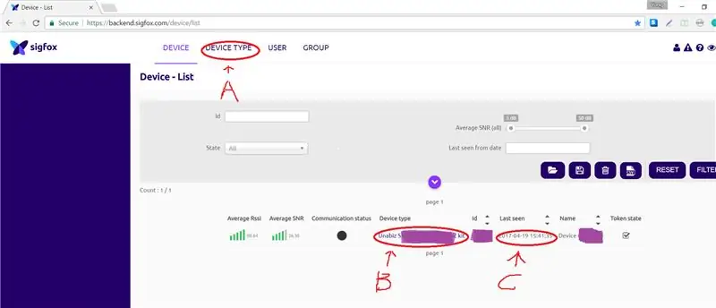 Pagina del dispositivo Sigfox