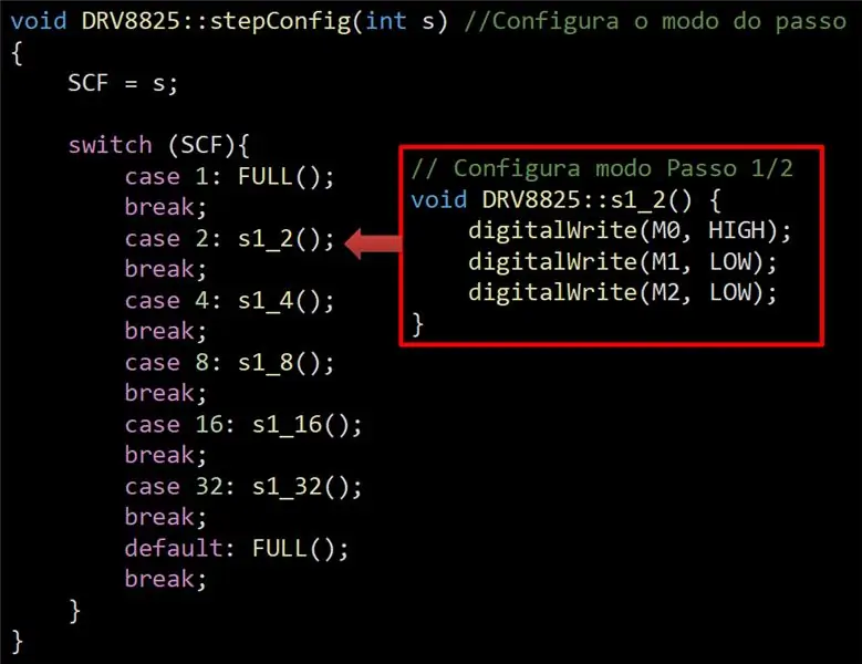 Funciones: configuración del modo paso a paso del motor