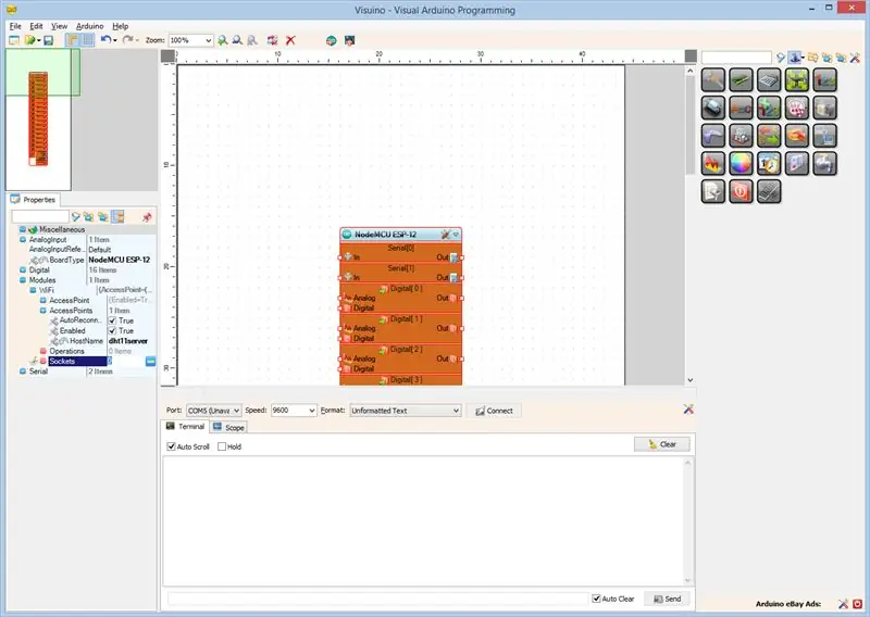 In Visuino: voeg een TCP/IP-serversocket toe voor de communicatie