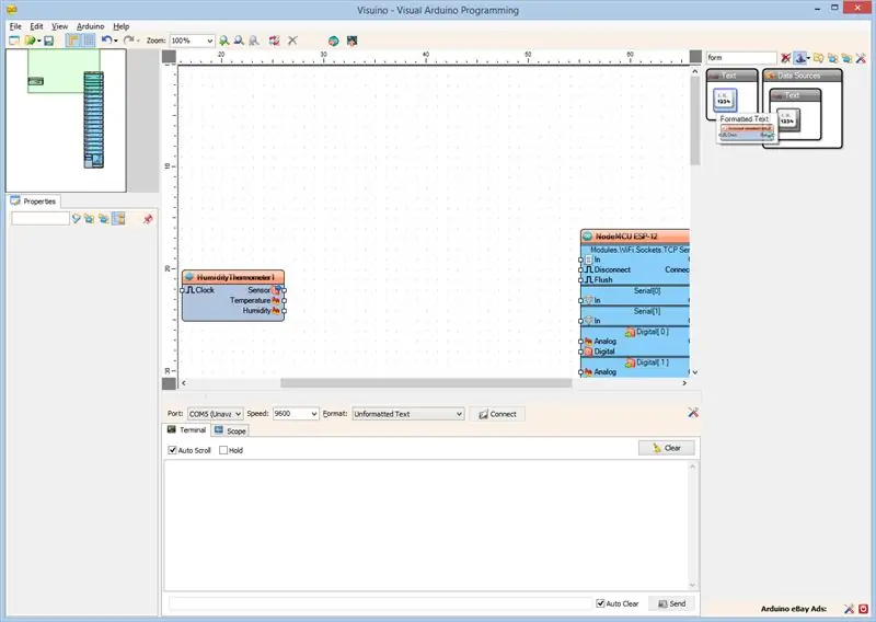 Ve Visuinu: Přidejte komponentu DTH11 a formátovaný text se 2 analogovými kanály