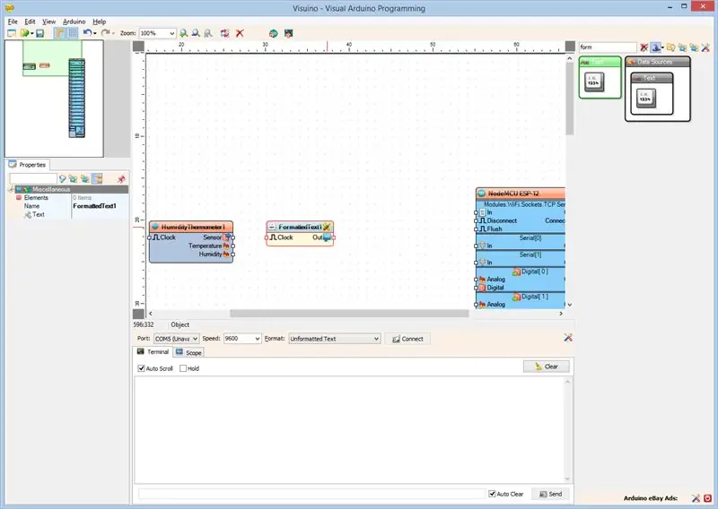 In Visuino: DTH11 en geformatteerde tekstcomponent toevoegen met 2 analoge kanalen