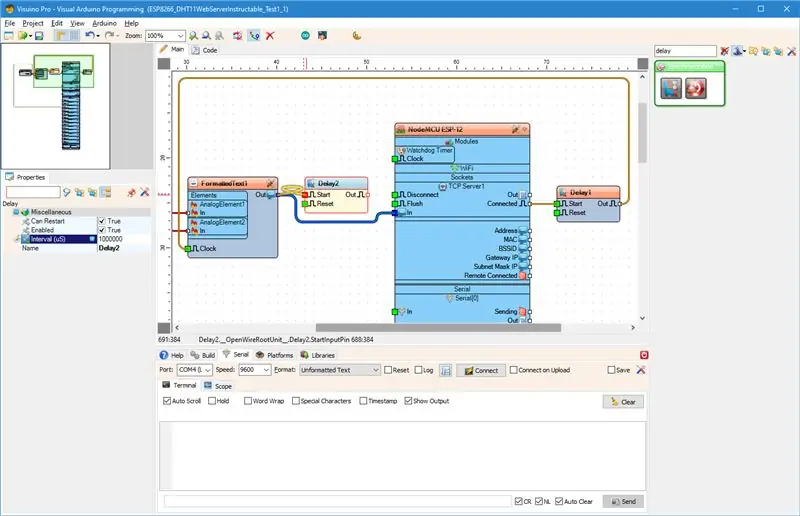 No Visuino: conecte o componente de texto formatado e adicione e conecte o componente de atraso