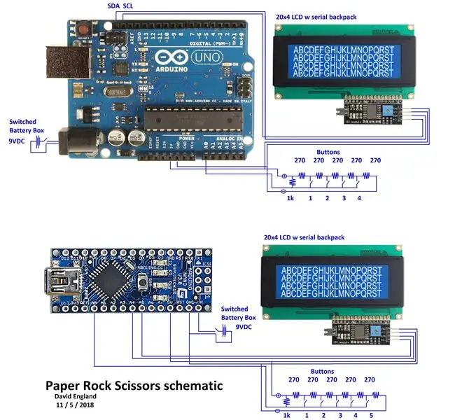 Kädessä pidettävä Arduino -paperi -kalliosaksipeli käyttäen 20 x 4 -LCD -näyttöä I2C: llä