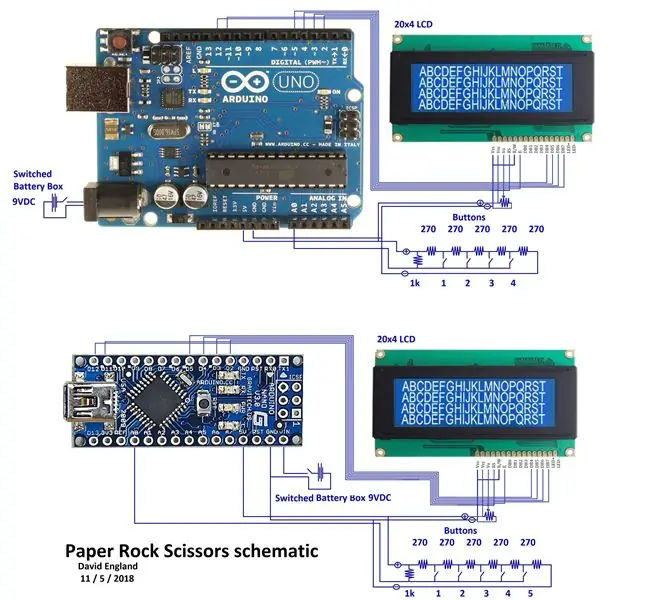 I2C bilan 20x4 o'lchamli LCD displey yordamida qo'lda ishlaydigan Arduino qog'ozli qaychi o'yini