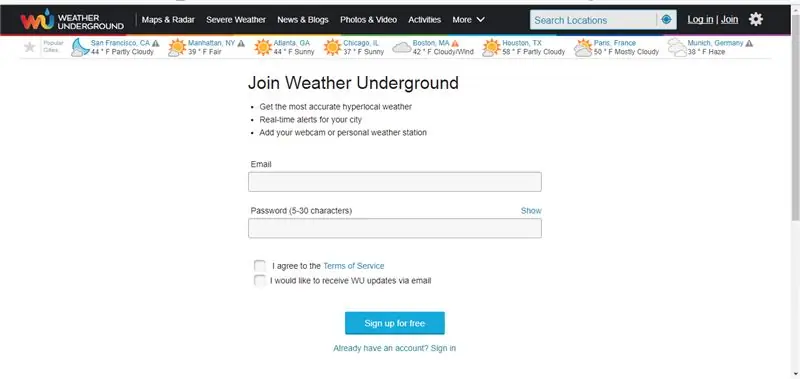 Izveidojiet kontu Weather Underground