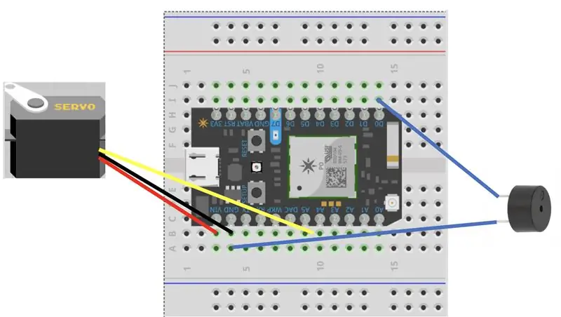 Свържете частиците към Servo, Breadboard и Buzzer