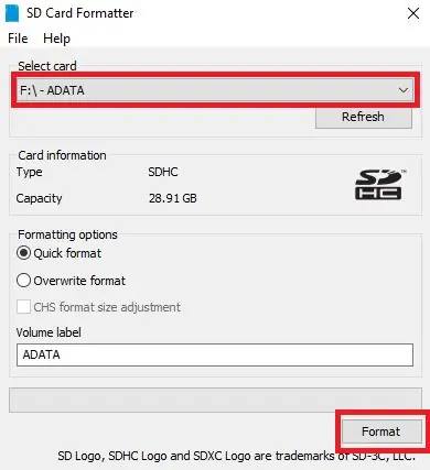 Format kad SD atau pemacu kilat USB