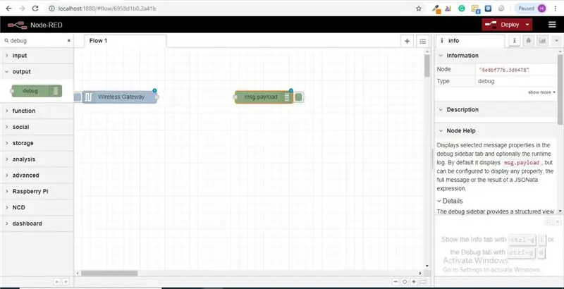 Bumalik Ngayon sa Iyong Palette at I-type ang "debug" Sa Patlang ng Paghahanap sa Itaas, Kunin ang Isa sa mga Node na ito at I-drag ito sa Kanan ng Iyong Wireless Gateway