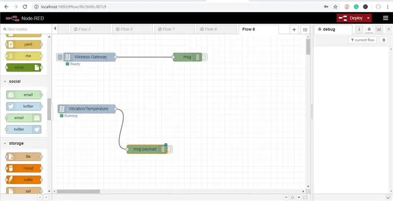 Agora volte para sua paleta e digite “debug” no campo de busca na parte superior, pegue um desses nós e arraste-o para a direita de seu gateway sem fio