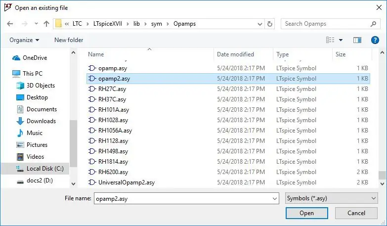 Odprite generični 5-pinski simbol LTspice Opamp2.asy