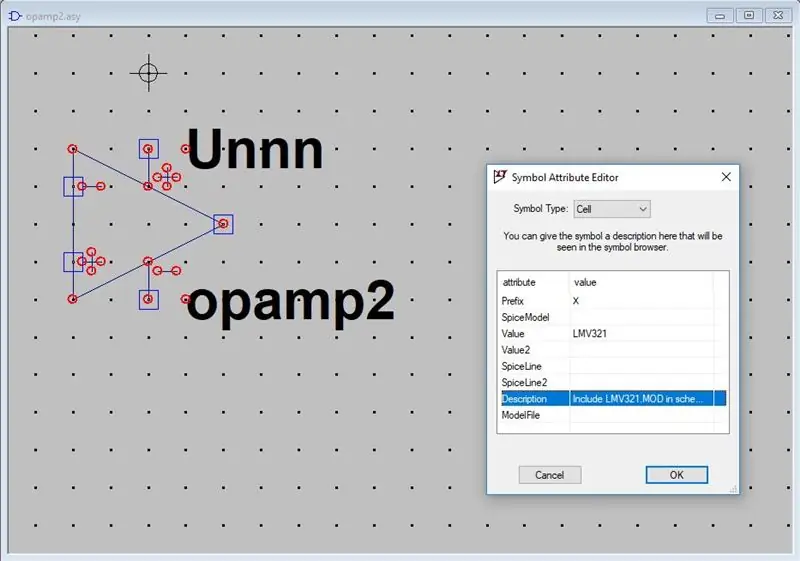 Sukurkite naujo LMV321 simbolio atributus ir išsaugokite failą kaip LMV321.asy