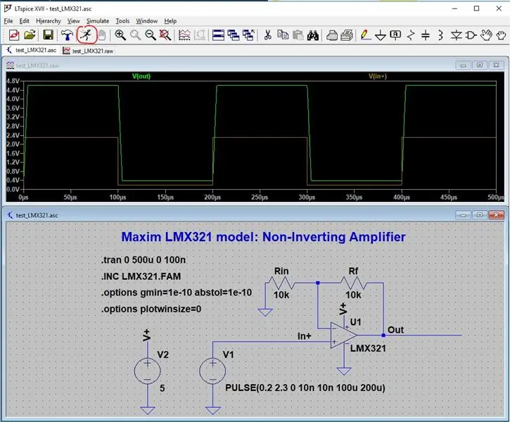 Reutilize o esquema de teste e simule o desempenho do LMX321 Op-amp