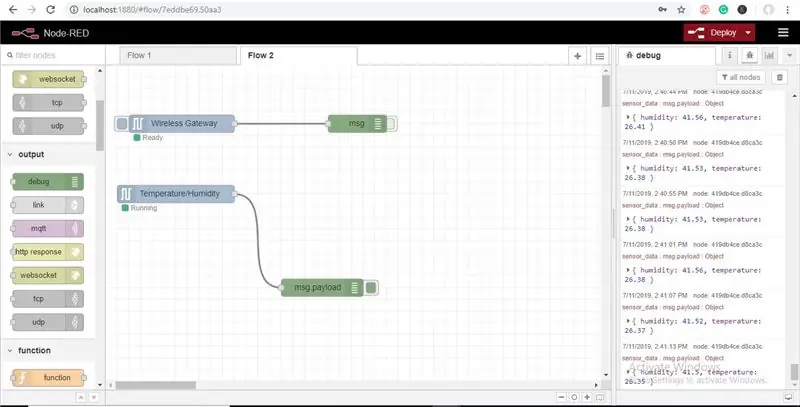 Gehen Sie nun zurück zu Ihrer Palette und geben Sie „debug“in das Suchfeld oben ein, greifen Sie einen dieser Knoten und ziehen Sie ihn rechts von Ihrem drahtlosen Gateway