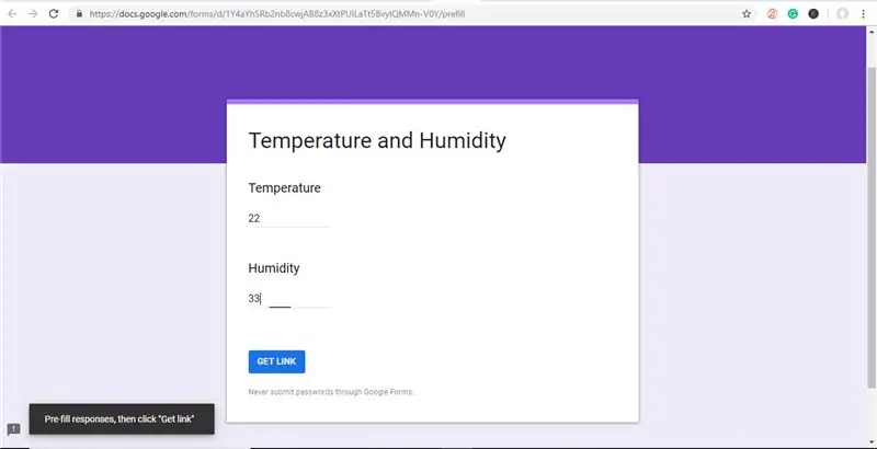 Ahora ingrese valores aleatorios en los campos de temperatura y humedad y haga clic en Obtener un enlace