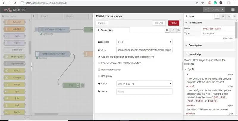 İndi Node-red-ə qayıdın və redaktə etmək üçün Http İstək Nodunu iki dəfə vurun, sonra URL-ni qeyd etdiyiniz Notepaddan kopyalayın və Şəkildə göstərildiyi kimi URL sahəsinə yapışdırın