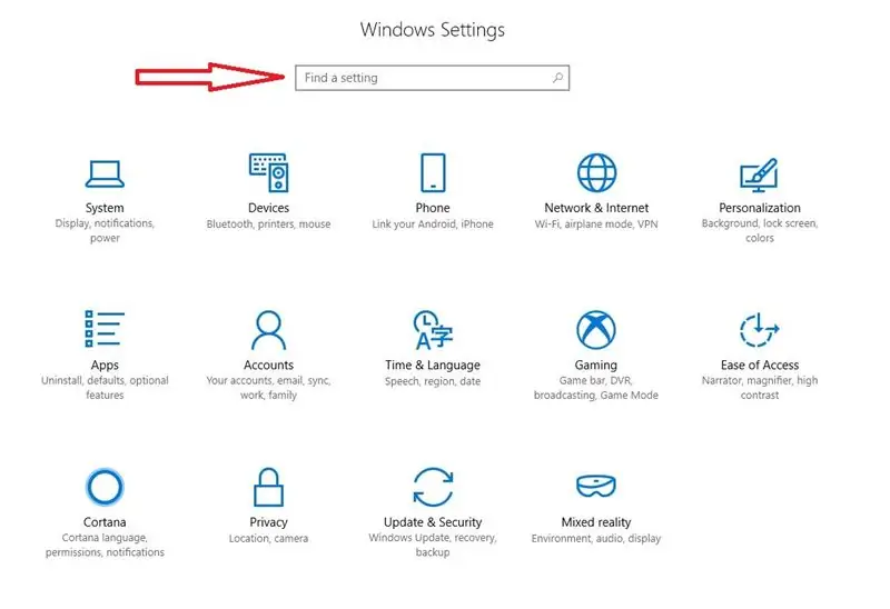 Escriba 'Panel de control' en el cuadro de texto 'Buscar una configuración'