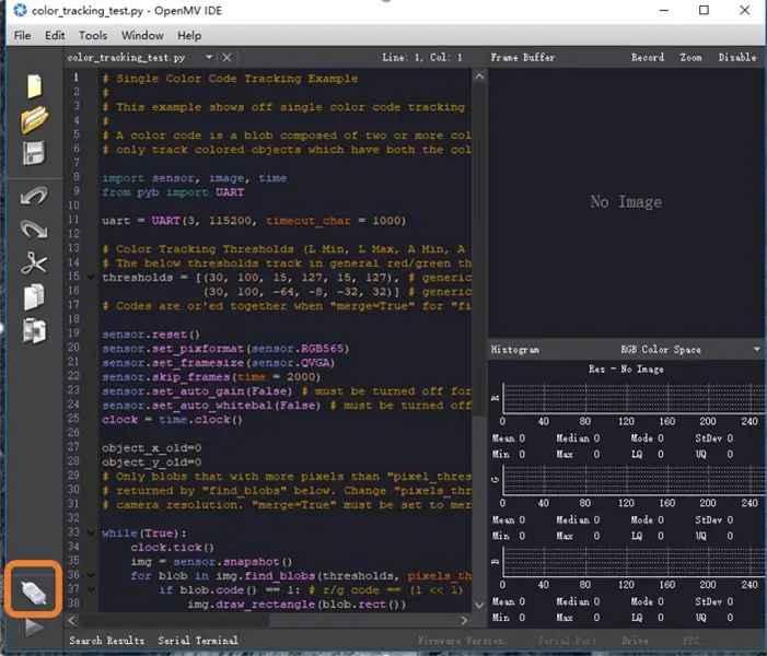 Buksan ang Color_tracking_test.py (https://github.com/TonyLeheng/Vision-Pick-and-Place) sa pamamagitan ng OpenMV IDE at I-click ang Connect Button upang Makita ang Device