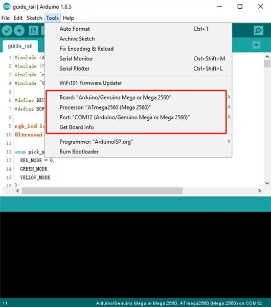 Obriu el microprogramari a l'IDE Arduino i envieu el microprogramari a Arduino Mega2560 amb els paràmetres que es mostren a continuació