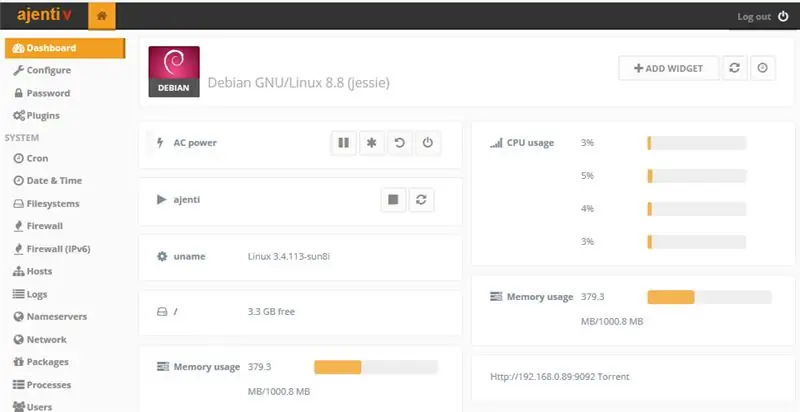 Skrbnik strežnika / plošča za spletno gostovanje za Raspberry Pi (Ajenti)