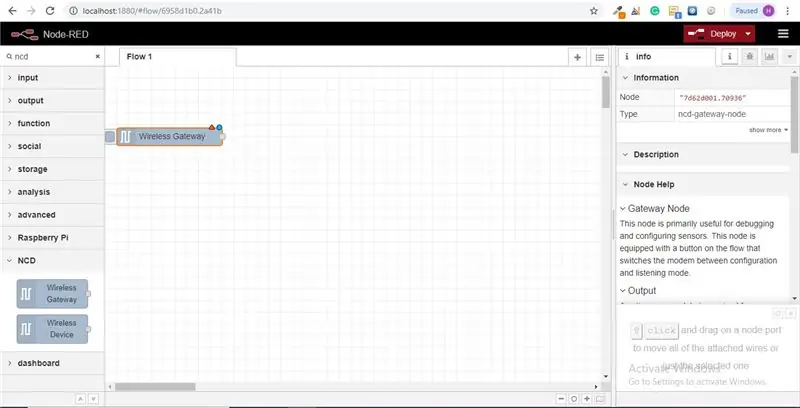 Lanjutkan dan Seret Node Gateway Nirkabel ke Flow Canvas Anda untuk Memulai