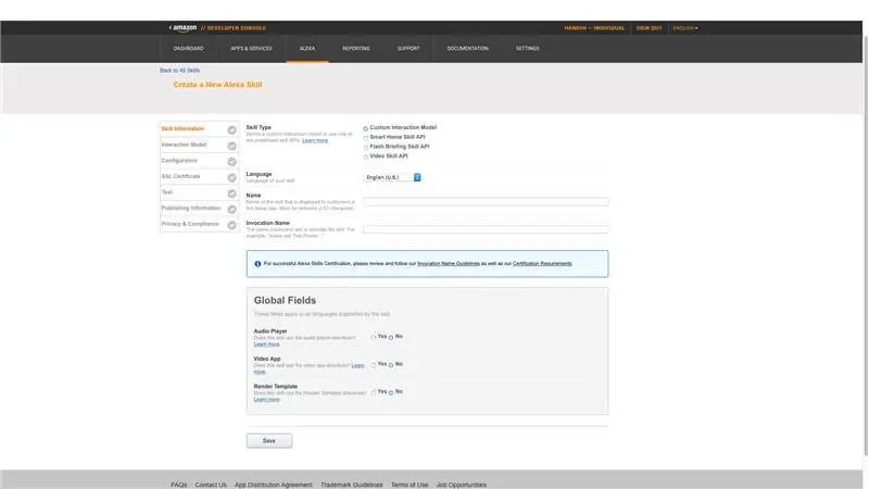 Stel die Alexa -vaardigheid op in die Amazon Dev -konsole