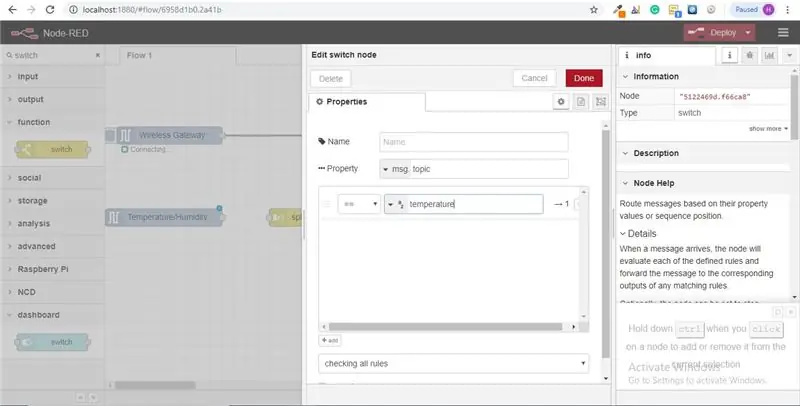 Ara afegiu un node "commutador", això ens permetrà enviar cada missatge a una part específica del flux, una per controlar la temperatura i una humitat. al primer camp Canvieu "càrrega útil" a "tema", al costat de "==", escriviu "temperatura"