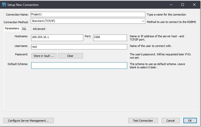 Nustatykite SQL + importo duomenų bazę