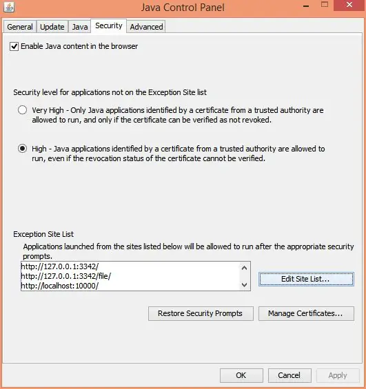 Funktionieren des Webmin-Dateimanagers (Öffnen Sie die Registerkarte "Java-Sicherheit")