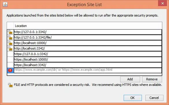 Funktionieren des Webmin-Dateimanagers (Öffnen Sie die Registerkarte "Java-Sicherheit")