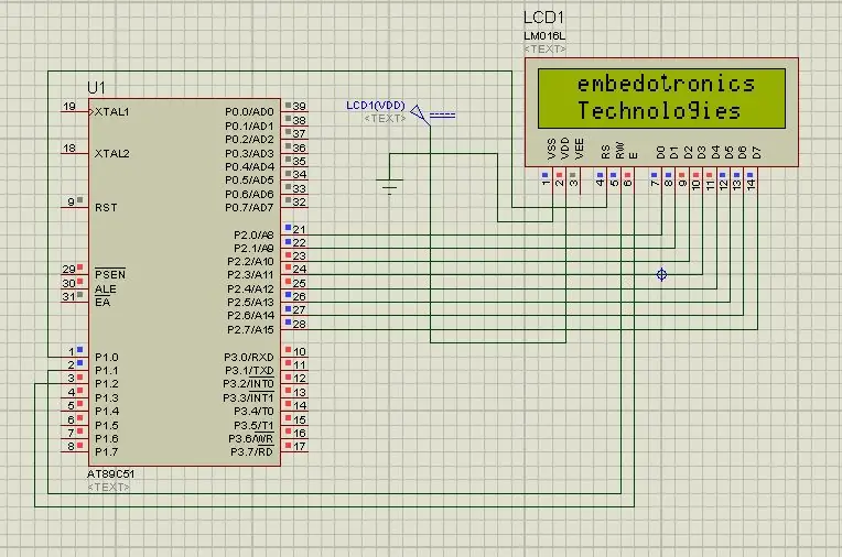 Koppelvlak 8051 mikrokontroller met 16*2 LCD in Proteus -simulasie